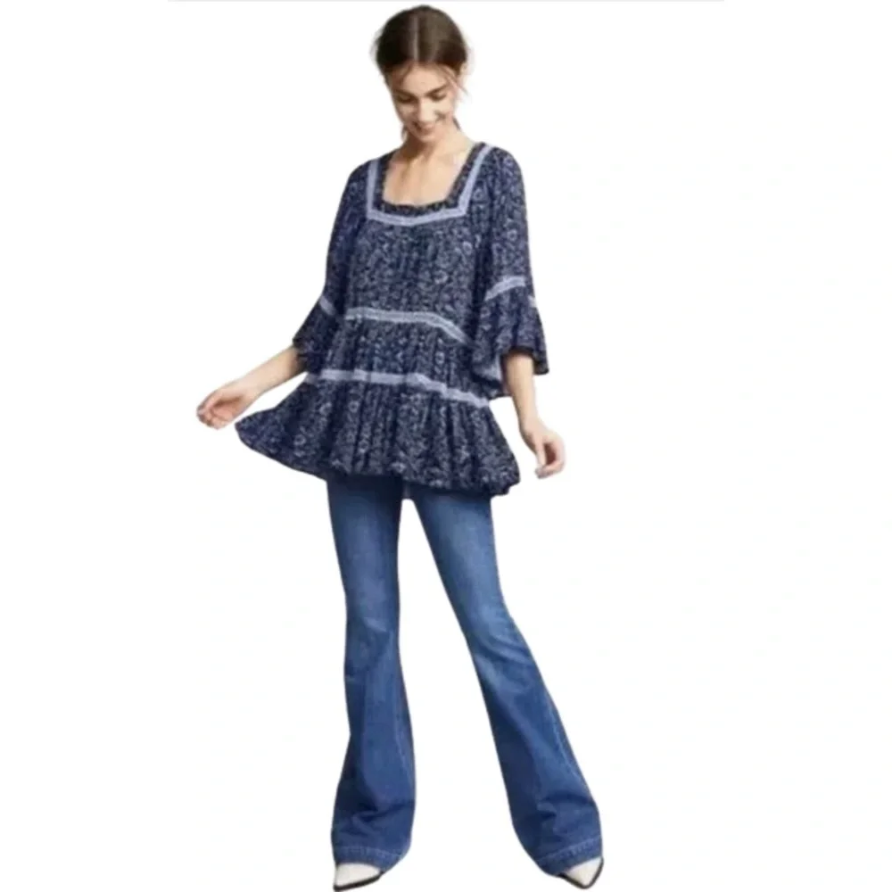 Free People TUNIC Talk About It MIDNIGHT Blue Floral Print Tunic Size XS